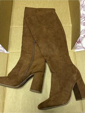 Brown Suede Knee-High Block Heel Boots